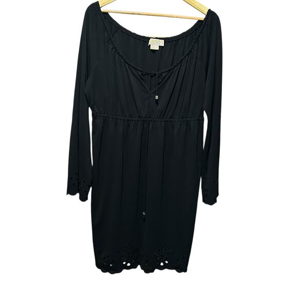 Michael Kors Boho Eyelet Dress L Black‎ Stretch Cinched High Waist Resort Travel - Picture 1 of 12